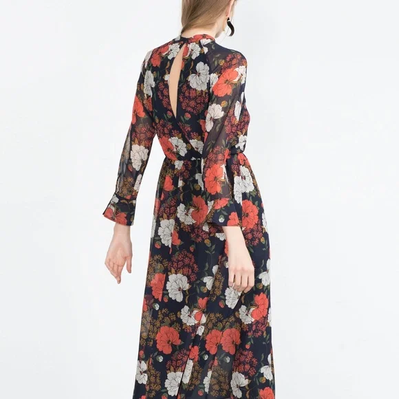 Zara Autumn Peony Floral Chiffon Midi Dress (Keyhole Neckline) - Picture 4 of 4
